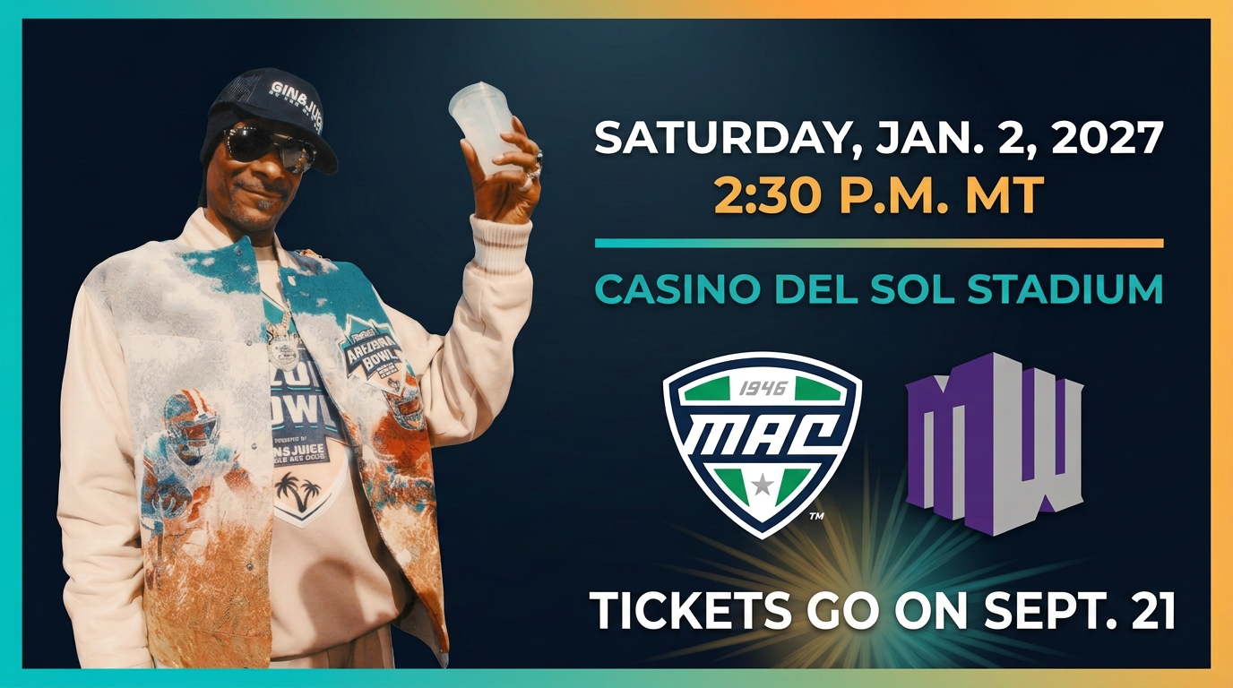 Arizona Bowl game announcement: Saturday, Jan. 2, 2027, at 2:30 p.m. MT at Casino Del Sol Stadium. Tickets go on Sept. 21. Mountain West and MAC logos shown.